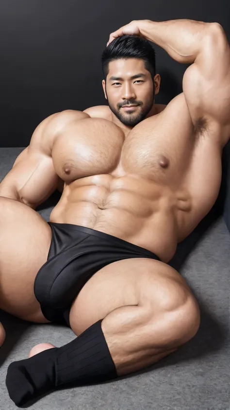 There is only one handsome Asian actor in the photo，35 years old，High target, Fitness，short hair, O-Shaped Beard，Perfect body, Dark skin color，Radiant Skin，Smooth skin，Muscle bulge, muscular, Very large pectoral muscles，Very sexy abdominal muscles，Very wel...