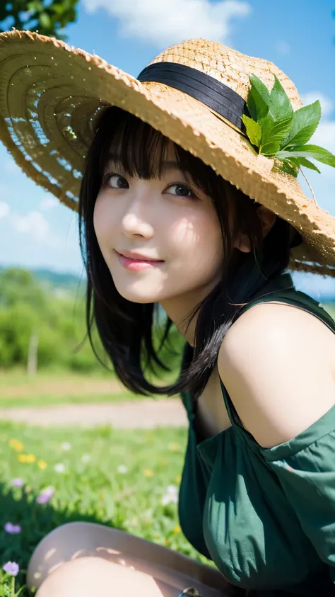 (Highest quality,masterpiece:1.3,Ultra-high resolution),(Very detailed,Caustics,8K),(Realistic:1.4,RAW shooting),18-year-old,cute,Japanese,Straw hat,Black hair medium hair,(one piece),(smile),Looking into the camera,blue sky,sun,(Top of the Hill),(Tall gre...