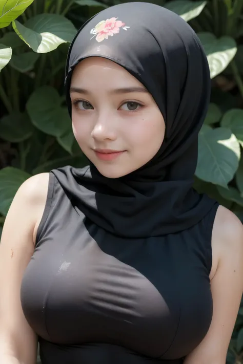 (Singlet), Chubby adorable, 1 girl, (face to face), 10 years old, baby face, happy, half body portrait, (face details: 1), (eye details: 1), ((big breasts)). wearing transparent transparency soft long shirt, hijab, .. Cute posed. proportional body. Ultra H...