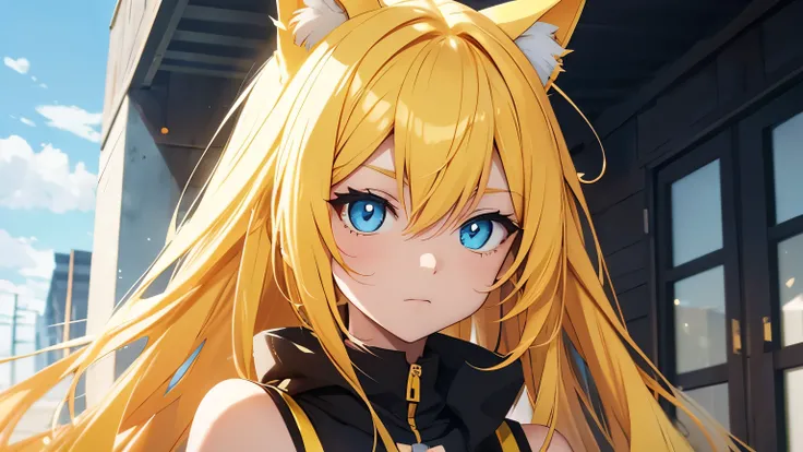 Anime cat girl with yellow ears, long yellow hair, blue eyes is staring.