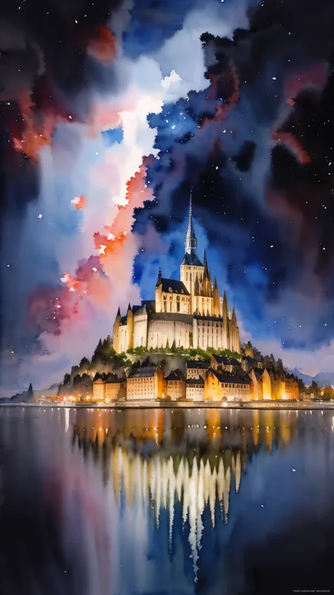 (masterpiece:1.2, highest quality),(super detailed),(((watercolor))),8k,wallpaper,landscape of france,mont saint-michel,night,((...