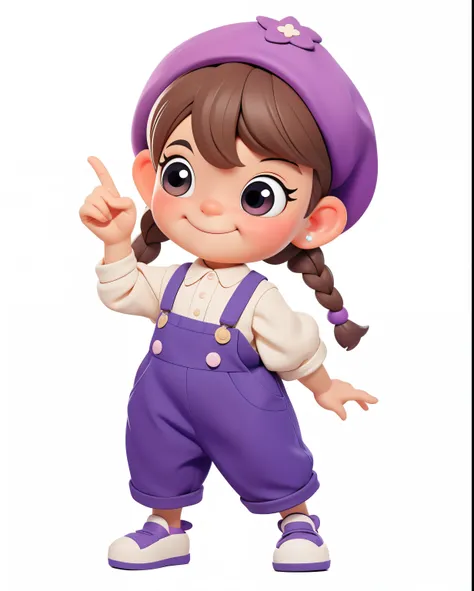 whole body、《Q version girl》、Embody the image of blueberry purple in clothing、Blueberry Big Hat、Blueberry hat、Blueberry Hat、Purple fittings、Super happy、Smile、Lively and cute girl、cute shoes、(dwarf:1.2)、index finger、Brown eyes、Long eyelashes、big eyes、Delicat...