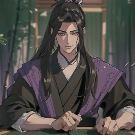 (masterpiece, best quality:1.2), 1male, solo, jiang cheng, mo dao zu shi, mdzs, purple and black clothes, purple eyes, long blac...