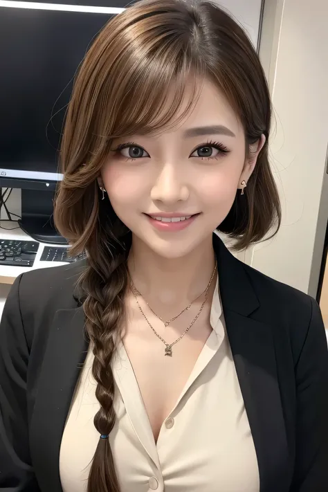 Beautiful young woman、 Light brown hair、Hairstyle braid、Work in front of the computer、Necklace around the neck、Office Lady Suits、Jacket、Unbuttoned shirt、Flashy makeup、smile、Beautiful teeth alignment、short hair、Intricate details, Very detailed:1.2), 、 Looki...