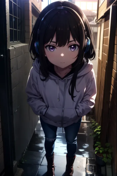 takiuchikami, check it out, long hair, bangs, black hair, (purple eyes:1.2),oversized blue hoodie,wired headphones,jeans,short b...