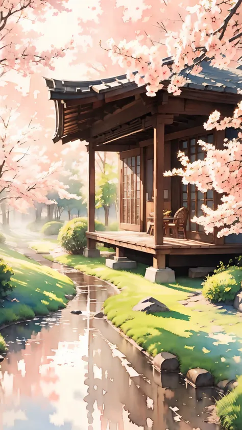 (masterpiece:1.2, highest quality),(super detailed),((watercolor)),8k,wallpaper,japanese garden,spring