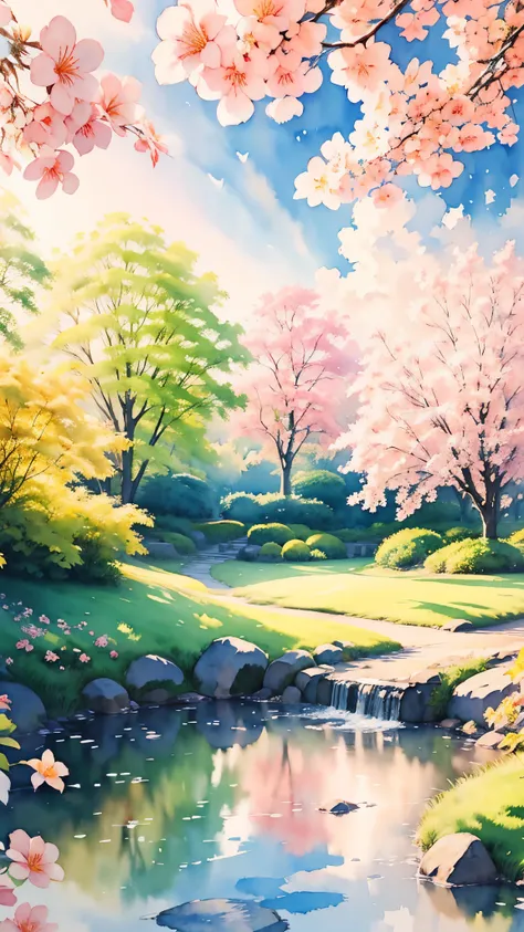 (masterpiece:1.2, highest quality),(super detailed),((watercolor)),8k,wallpaper,japanese garden,summer