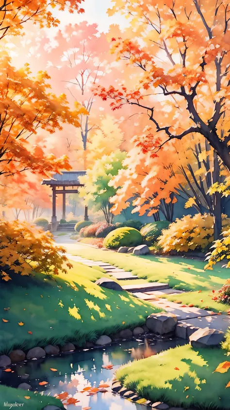 (masterpiece:1.2, highest quality),(super detailed),((watercolor)),8k,wallpaper,japanese garden,autumn