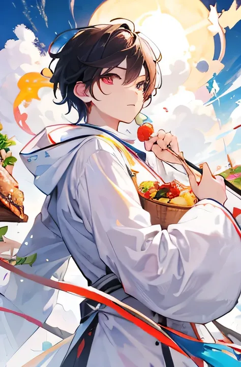 A male god of food with white outfit with big aura, charming, cloud, and many food around him