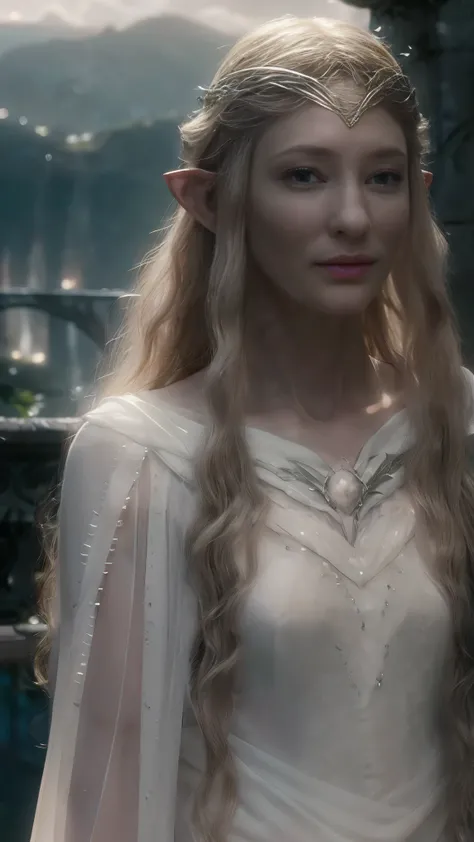 Galadriel elf, white wavy very long hair, cinematic, with Rivendale in the background, magical atmosphere, silver pollen, glow, glare