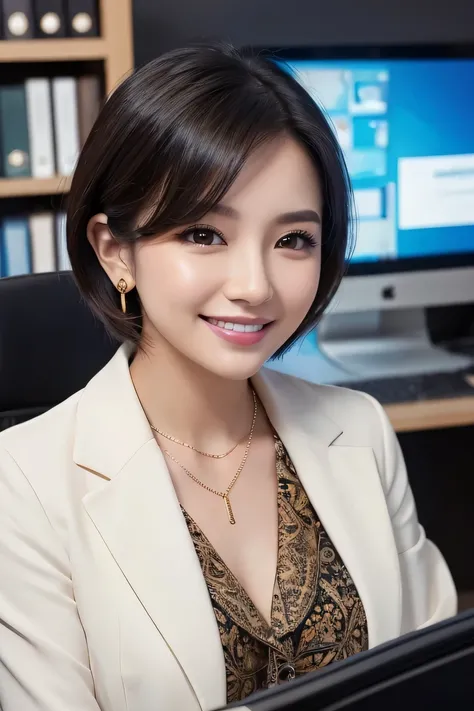 Beautiful young woman、 、Work in front of the computer、Necklace around the neck、Office Lady Suits、Jacket、Unbuttoned shirt、Flashy makeup、smile、Beautiful teeth alignment、short hair、Intricate details, Very detailed:1.2), 、 Looking into the camera,The backgroun...