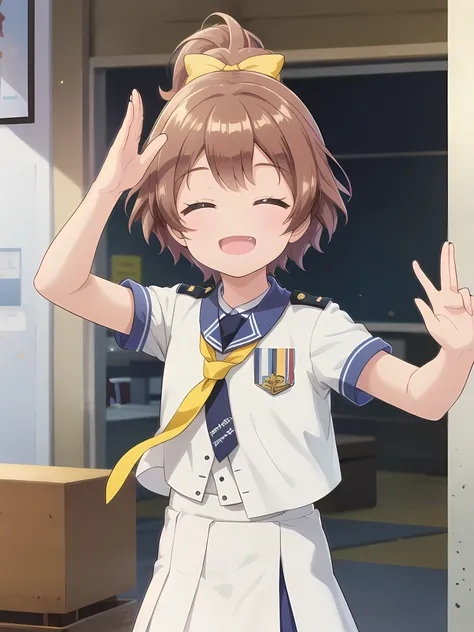 Highest quality,masterpiece,12 years old,smile,Open your mouth wide,indoor,School,corridor,Are standing,Upper Body, 顔 focus,Brown Hair, short hair, ponytail,Yellow ribbon hair clip, uniform,Yellow tie,White short sleeve,Blue Skirt,Close ~ eyes, salute,Meda...