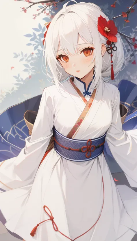 ((16 nights)), ((Oriental Project)), role play, 20-year-old female, (((White hair)), ((#1: Medium Length Spiked Hair)), ((Blue maid outfit)), ((White shirt)), Mid-chest, (Light)))), (posture))), (Realistic photos: 1.3), rim Lighting, (High Detail Skin:1.2)...