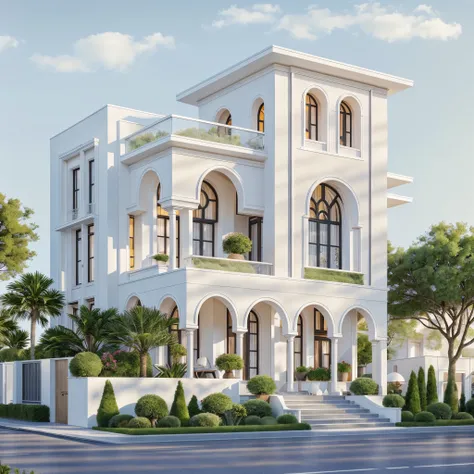 PLATEFORME KTHOUSE, Beaucoup de belles fleurs rouges le long de la route:1.3, romantique, 1 maison de style néoclassique, La maison de ville est faite de murs blancs, belle lumière, journée de beauté, ensoleillé, Beaucoup de bougainvilliers rouges le long ...