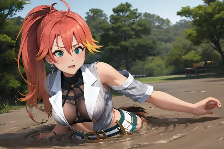 Judith Ranster, orange hair, streaked hair, multicolored hair, ponytail, ahoge, aqua eyes, small breasts exposted, nipple, damaged crop top, open dress, detached sleeves, belt, orange shorts, black thighhighs, aqua high heels, torn clothes, cloth pieces ,s...