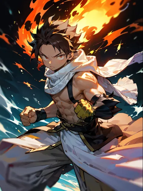 masterpiece, High resolution, high quality, Dark Skinned Teen, male, A little buff, Medium dark brown hair, Big Innocent Eyes, naked、White long torn scarf, White hooded cloak, Big black gauntlets, Dramatic show, Intensive, nice, Amazing guy, Boy of Fire、Pu...