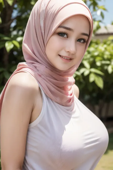 (Singlet), Chubby adorable, 1 girl, (face to face), 10 years old, baby face, happy, half body portrait, (face details: 1), (eye details: 1), ((big breasts)). wearing transparent transparency soft long shirt, hijab, .. Cute posed. proportional body. Ultra H...