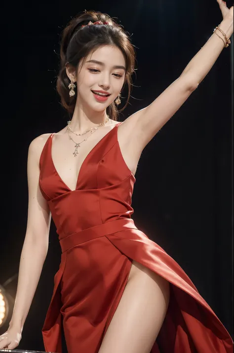 (((best quality))),(((ultra detailed))),(((masterpiece))),illustration, 1girl,singer,solo,short ponytail,open mouth,laughing,slim,thin,flat chest,small breasts,earrings,necklace,Maxi gorgeous sparkled red gown,slender legs,on the stage, performance, passio...