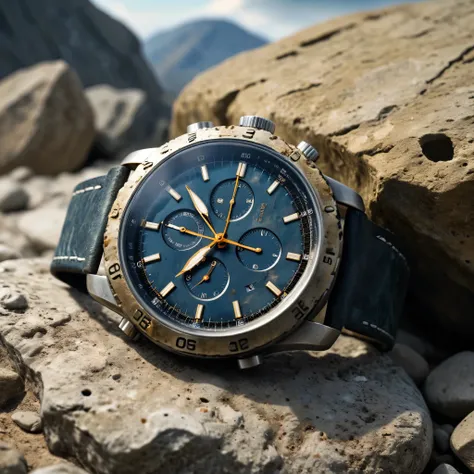 Hyper-realistic image of a watch encased in a rock, very soiled, extinct modern technology presented like a fossil, dusty, weather, worn appearance. HD, ultra-realistic, high-quality image