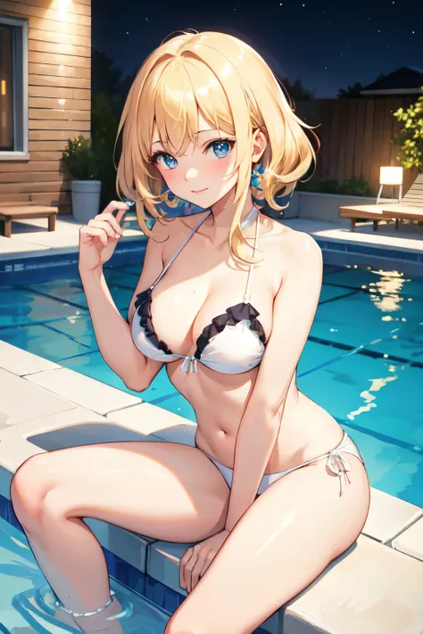 ((Highest quality)), ((masterpiece)), (detailed), Female college student，White Bikini，Blonde，Night Pool