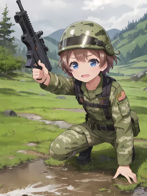 high quality,masterpiece,12 years old,blue eyes,Outdoor,顔 focus,Brown Hair, short hair, Military camouflage uniform,Green helmet,heavy rain,In the mountains,cloudy,Muddy clothes,He has a gun,Crawling on the ground,Point the gun this way,(crawling)