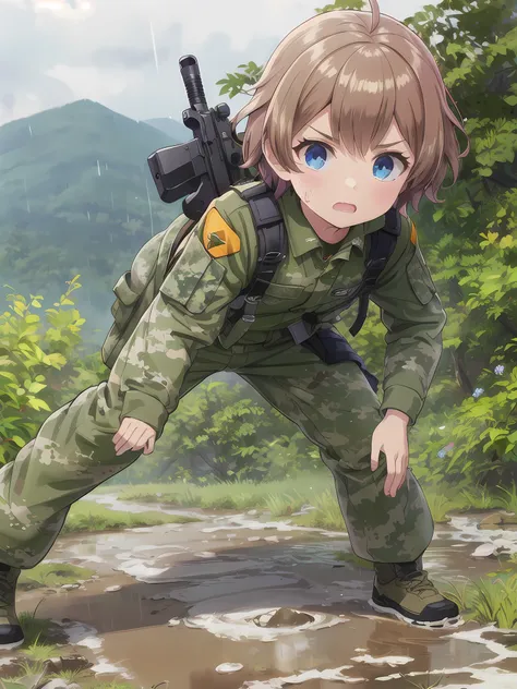 high quality,masterpiece,12 years old,blue eyes,Outdoor,顔 focus,Brown Hair, short hair, Military camouflage uniform,Green helmet,heavy rain,In the mountains,cloudy,Muddy clothes,He has a gun,Crawling on the ground,Point the gun this way,serious,Ruthless ey...