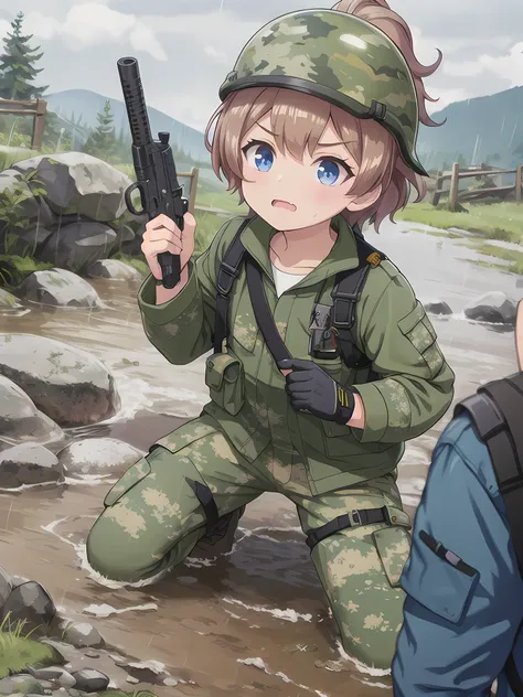 high quality,masterpiece,12 years old,blue eyes,Outdoor,顔 focus,Brown Hair, short hair, ponytail,Military camouflage uniform,Green helmet,heavy rain,In the mountains,cloudy,Muddy clothes,He has a gun,Crawling on the ground,Point the gun this way,serious,Ru...