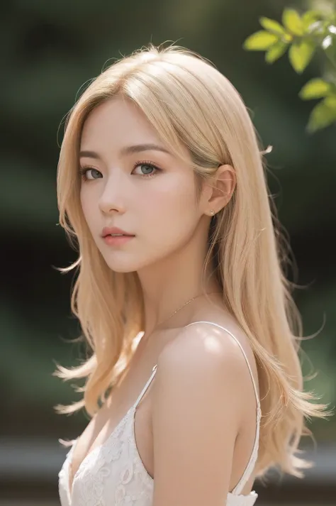 Realistic , beautiful blonde woman facing forward looking directly forward