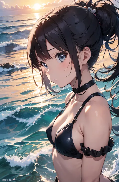 Silver-haired girl drawn in high resolution Japanese anime style、Standing alone on the white sand beach of a deserted island。She is wearing a gorgeous pink bikini.、Her hair is in a ponytail that sparkles in the light...。The sea in the background shines eme...