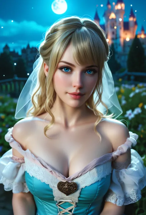 score_9, score_8_above, score_7_above, 1girl, realistic, blonde long hair with bangs, blue_eyes, realistic skin texture, detailed picture, upper_body, HD32k, royal_garden, medieval_castle, elegant_green_dress, off_shoulder_dress, moonlight, night, fullmoon...