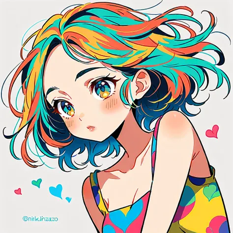 Mika Pikazo style, Simple Line Initialism，Abstract art, colorful hearts ,colorful hearts, (((The most beautiful girl of all time))), Space Travel, Cute and colorful amoeba, Lips in love