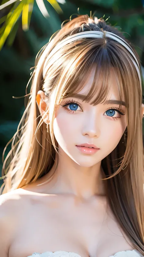 Portrait、、Bright expression、ponytail、Young, lustrous, glowing, white skin、Cheek highlight、The best beauty、Clear, silky blonde hair with dazzling highlights、Shiny bright hair,、Super long silky straight hair、Shiny beautiful bangs、Big bright blue eyes like sp...
