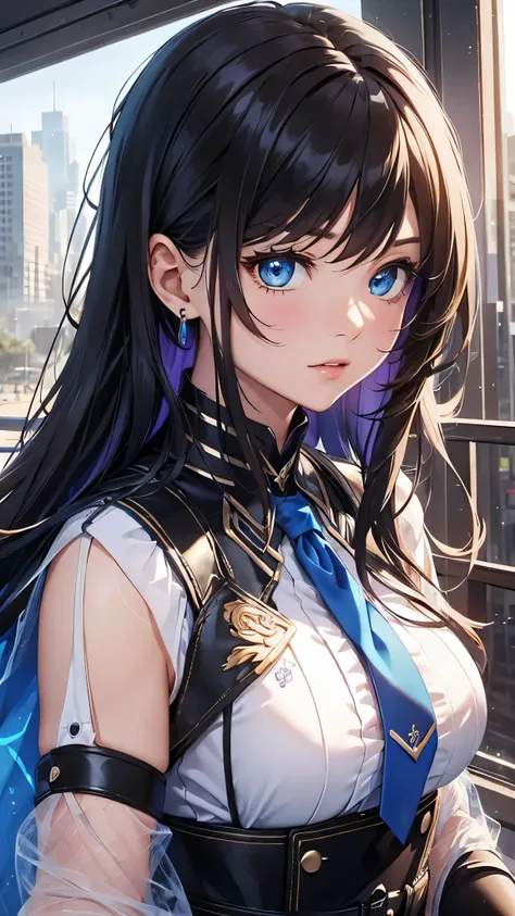 最high quality、Best image quality、masterpiece、With a girl((cute、20-year-old、Best Bust、Medium Bust、Bust 85,Beautiful Blue Eyes、Spread your chest wide,Long black hair、Slender、The best valley、、Blue Y-shirt、White short skirt,Show the whole body、Black perforated...