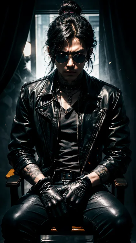 a stylish korean man with long hair tied in bun, wearing black round sunglasses, black leather gloves, dark clothing, sitting on a chair in a dark environment, dynamic point of view, best quality, ultra-detailed, photorealistic, vivid colors, dramatic ligh...