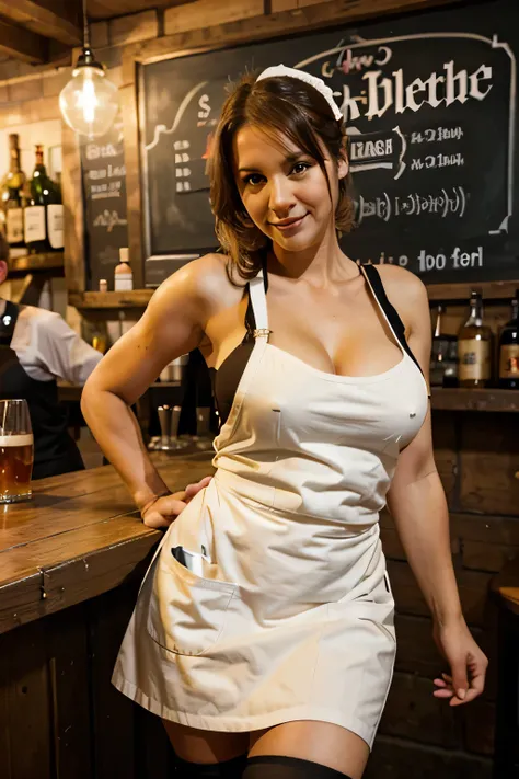 sexy 40 year old barmaid at german pub, wearing apron