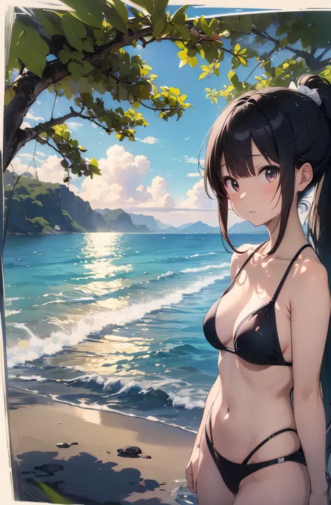 Silver-haired girl drawn in high resolution Japanese anime style、Standing alone on the white sand beach of a deserted island。She is wearing a gorgeous pink bikini.、Her hair is in a ponytail that sparkles in the light...。The sea in the background shines eme...