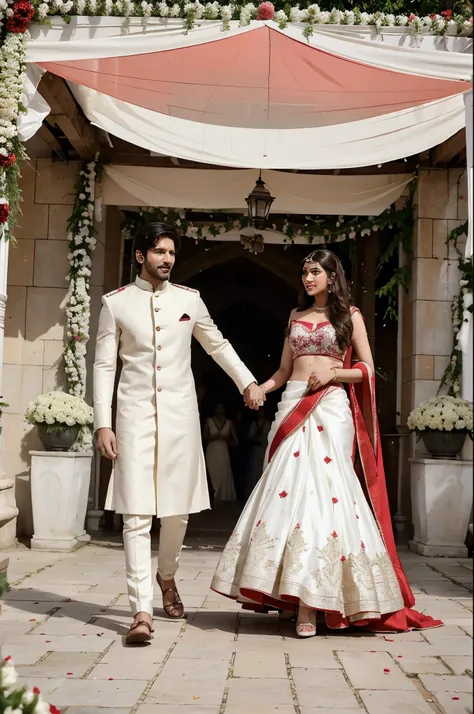 Kartik AARyan and kriti sanon wedding pictures background is white and red a royal wedding every actor present there 