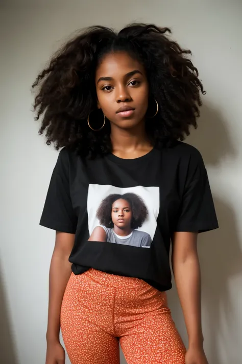 raw and courageous photo {a young black woman, 18 years old, black, curly, African hair, wearing clothes, t-shirt, leggings}, fully covered, hyperrealism, 8K UHD, realistic skin...
