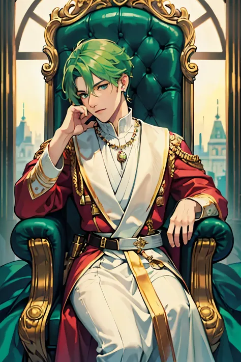 ,Throne,Sitting,Rest your cheek on your hand{{masterpiece}}, {{best quality}}, {ultra-detailed}3, castle, a handsome man, man,, Aristocratic costume, royalty, beautiful green hair, beautiful green eyes, {beautiful eyes}, white-skinned, long hair, short hai...