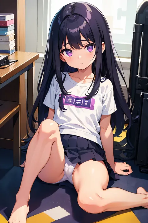 Elementary school girl, 8 years old, toddler　Flat chest, black hair, long hair, purple eyes （One person） Black short-sleeved T-shirt　Navy blue denim mini skirt　White panties（（I can see her panties））barefoot　 Girl&#39;s Room　Are standing　 Dynamic Angle　Low ...