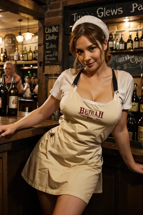 sexy 50 year old barmaid at german pub, wearing apron, holding beer bottle