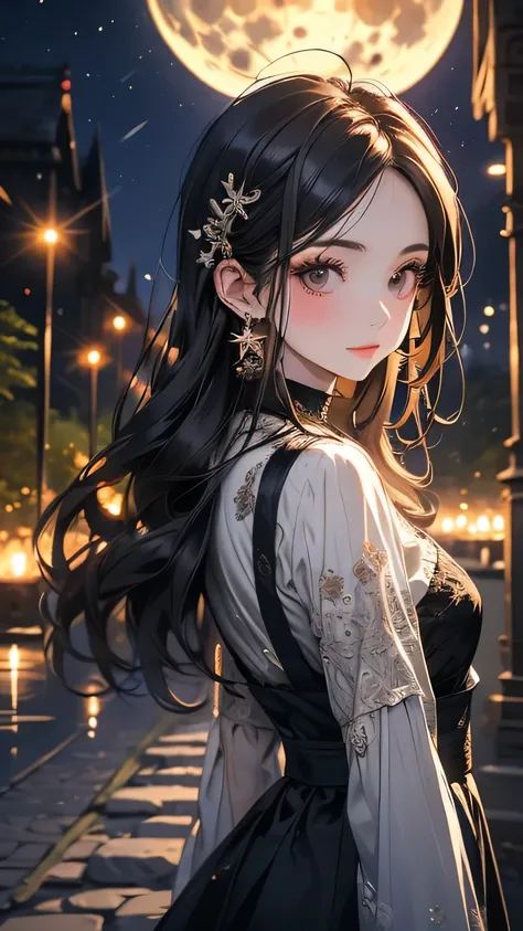 A dark-haired girl walking through a castle garden on a full moon night,One girl,Beautiful attention to detail, Detailed face, 