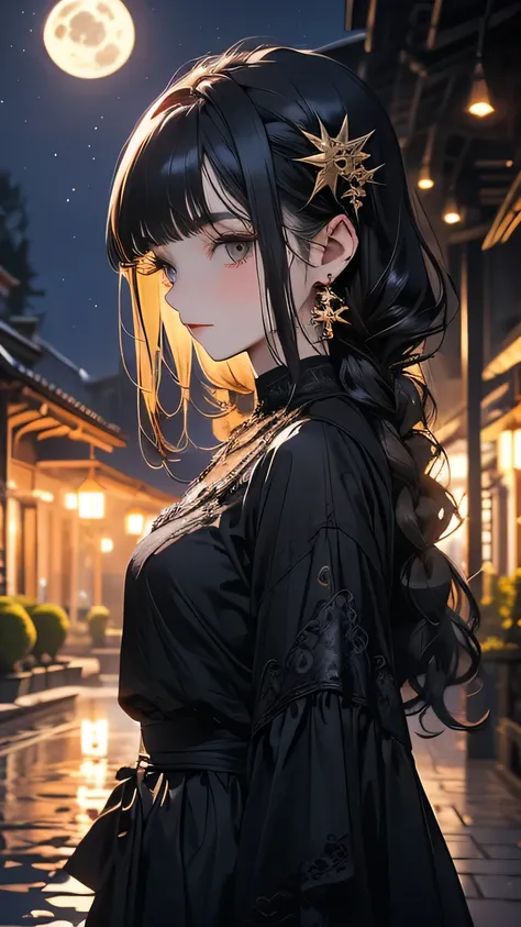 A dark-haired girl walking through a castle garden on a full moon night,One girl,Beautiful attention to detail, Detailed face, 