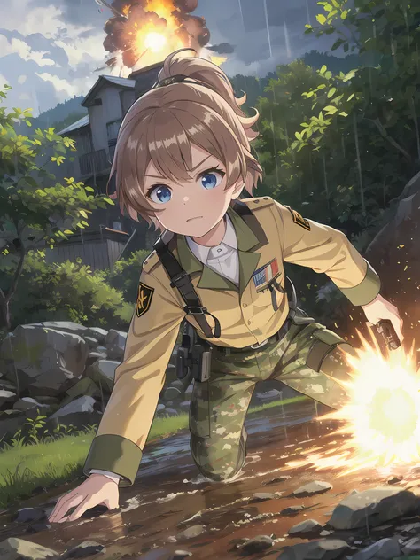 high quality,masterpiece,12 years old,blue eyes,Outdoor,顔 focus,Brown Hair, short hair, ponytail,Military camouflage uniform,Green helmet,heavy rain,In the mountains,cloudy,Muddy clothes,He has a gun,Crawling on the ground,Point the gun this way,serious,Ru...