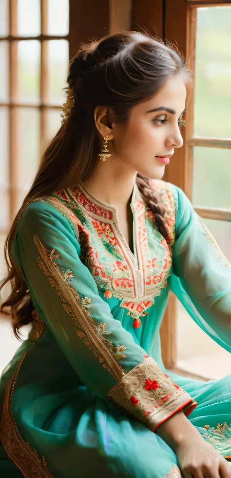 A young, beautiful girl sits gracefully by a window, enveloped in soft, natural light. She wears a traditional Pakistani dress, its intricate embroidery and vibrant colors reflecting her cultural heritage. Her hair falls gently over her shoulders as she ga...