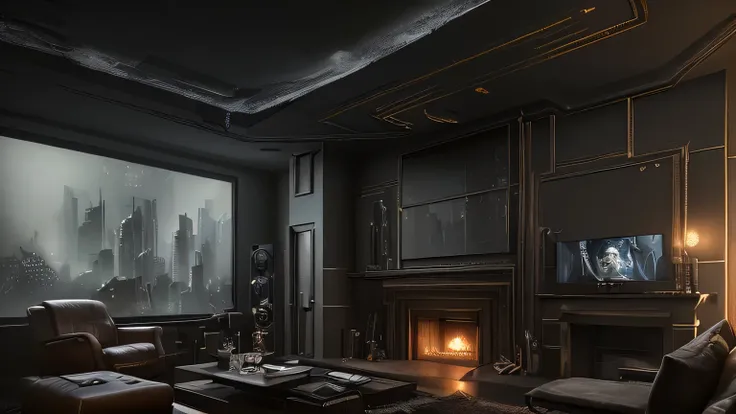 There is a living room with a fireplace and a TV., Dystopia City Apartment, Unreal Engine Rendering Concept Art, Cinematic Rendering Unreal Engine, Photorealistic cinematic rendering, Detailed cinematic rendering, Photorealistic dark concept art, Cyberpunk...