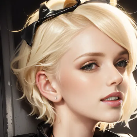 blond woman with a black leather jacket and a black bow, short blonde hair, blonde short hair, short blond hair, short wavy blond hair, blond bob haircut, girl with short white hair, short curly blonde haired girl, short hair style, blonde and attractive f...