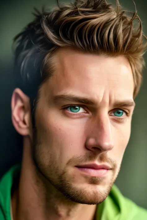 An exquisitely rendered image of an adult male, aged 26, captured under the soft, hazy sunlight. His piercing light green eyes hold a profound wisdom that seems to radiate in the gently filtered light. The portrait exudes a realistic and detailed style, ak...