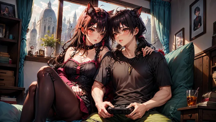 (Junkotvv a girl con orejas de gato) and (neocruz a boy con barba y sin orejas de gato), playing video games together in a room full of 80s style anime and posters in neon tones with video game controllers in their hands and enjoying