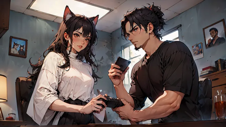 (Junkotvv a girl con orejas de gato) and (neocruz a boy con barba y sin orejas de gato), playing video games together in a room full of 80s style anime and posters in neon tones with video game controllers in their hands and enjoying